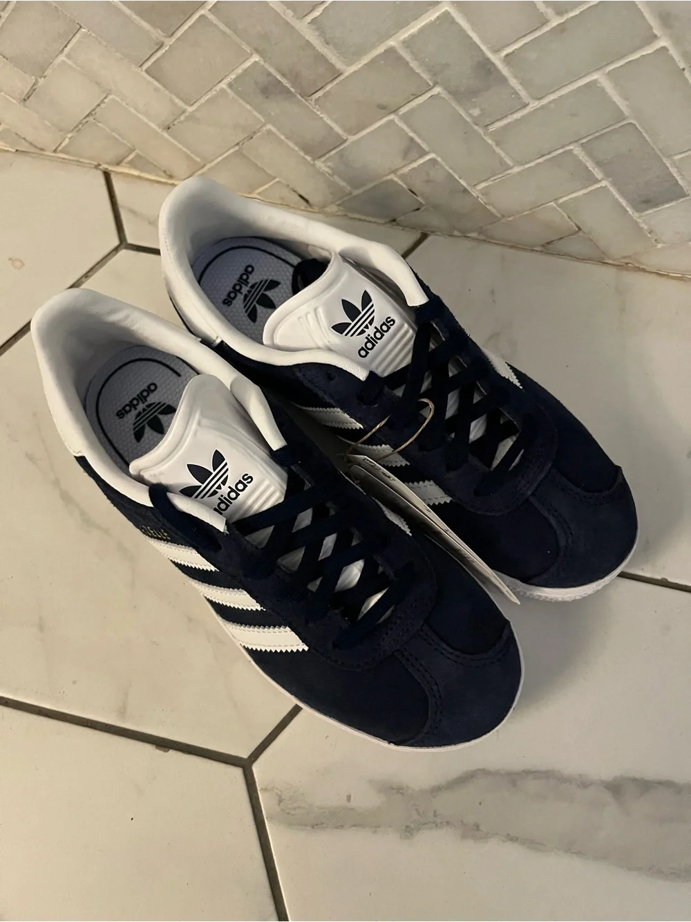 adidas kids Navy and White Suede Sneakers
